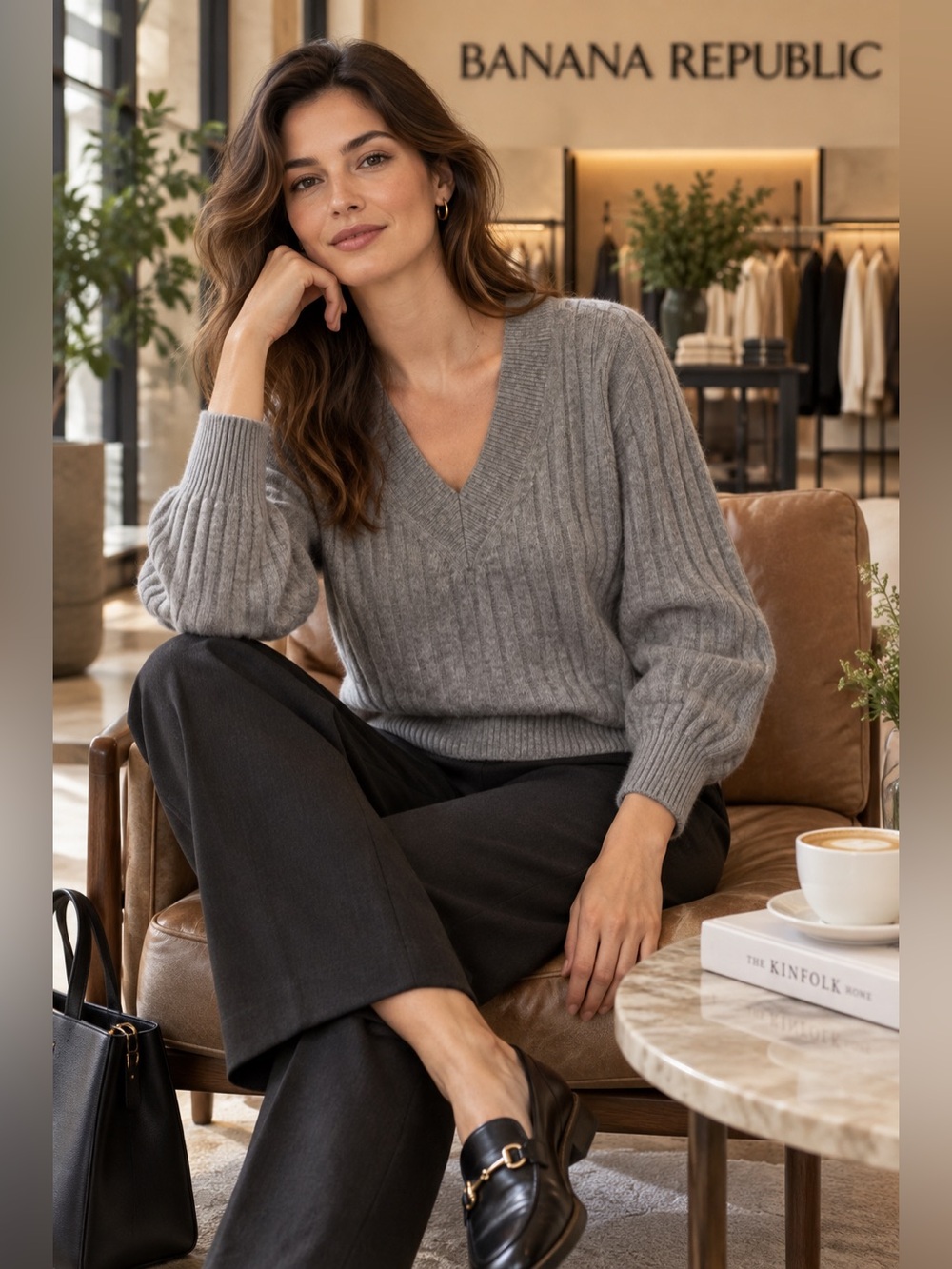 Banana Republic Aire Wool Blend Ribbed V-Neck Sweater S Petite